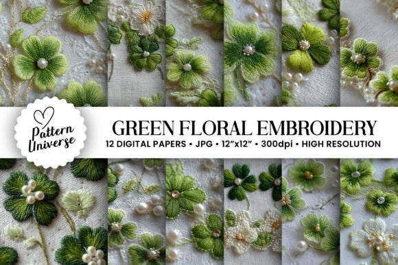 Green Flowers Embroidery Digital Papers Review